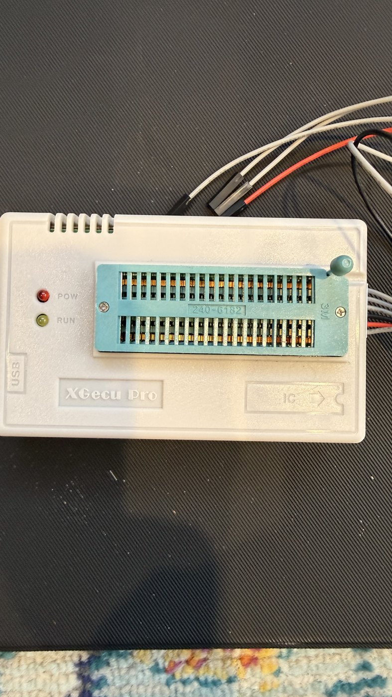 an XGecu Pro programmer with its ZIF socket