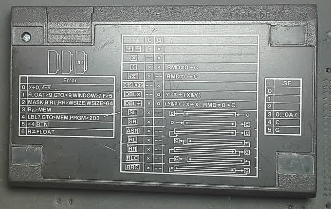 the HP-16C's back, its reference card