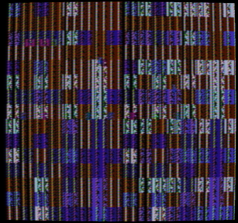 スイッチレベルの PPU が描いたスプライトワールドを一族の NTSC 経路に通したもの: XOR 模様の背景の上に 64 個のスプライト、模擬ブラウン管上。