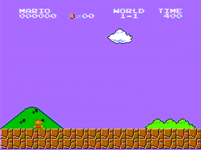 スーパーマリオブラザーズ、World 1-1 一時停止中。生のスコープキャプチャからデコード: 青紫の空、雲、緑の丘、オレンジのレンガ。